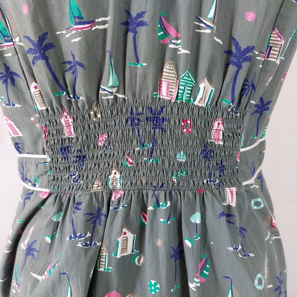 Debenhams Beach Hut Palm Print 100% Cotton Sleeveless Green Unique Dress Size 16 - Picture 9 of 11